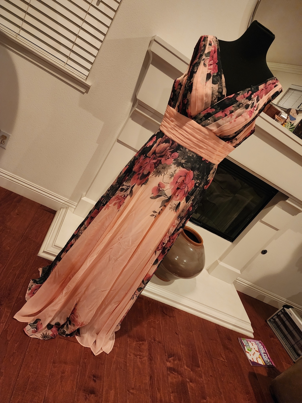 Grace Karin Peach and Black Floral V-Neck Maxi Dress